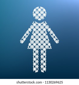 Woman sign illustration. Vector. White textured icon at lapis lazuli gradient background.