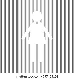 Woman sign illustration. Vector. White icon on grayish striped background. Optical illusion.