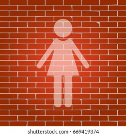 Woman sign illustration. Vector. Whitish icon on brick wall as background.