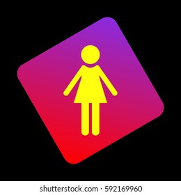 Woman sign illustration. Vector. Yellow icon at violet-red gradient square with rounded corners rotated for dynamics on black background.