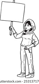 Woman with sign wearing a hoodie - hand drawn vector illustration for communicating a message