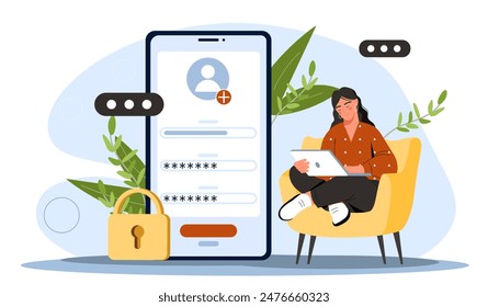 Woman sign in website. Girl with laptop in her hands register at site. User create profile or account. Client enters personal information. Cartoon flat vector illustration isolated on white background