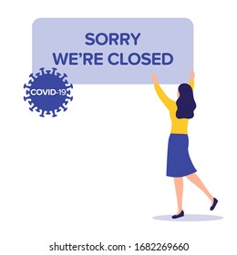 Woman with sign we're closed. Covid-19 epidemic coronavirus. Virus epidemic, global pandemic concept. Flat vector purple colors illustration of quarantine. 