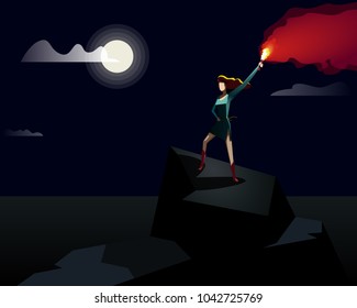 Woman With Signal Flare On Top Of A Mountain