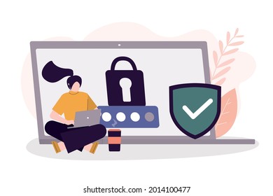 Woman sign-in in account. Concept of personal data protection. User use secure login and password. Profile and account protection on internet. User application on laptop screen. Vector illustration