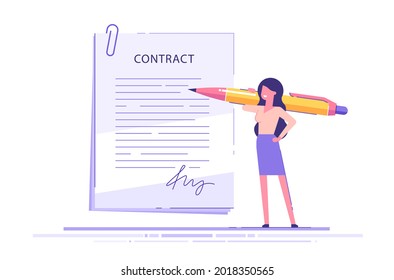 Woman signing contract with big pen. Online deal and e-agreement concept. Modern vector illustration.