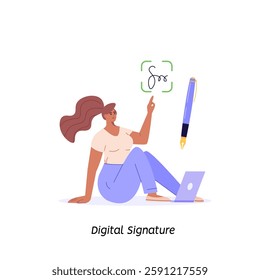 Woman signing contract with digital pen on phone. Digital signature, business contract, electronic contract, e-signature concept. Vector illustration in flat design for web banner, mobile app