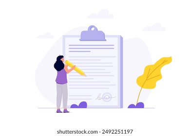 Woman signing contract, holding a pen near a document and agreement.  Signing bilateral contract. Flat vector illustration.