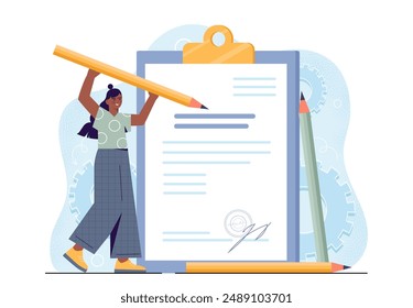 Mujer firmando contrato. Mujer con pluma cerca de documento y Acuerdo. Oferta de trabajo para candidato en vacante. Caza de cabezas y reclutamiento. Ilustración vectorial plana aislada sobre fondo blanco