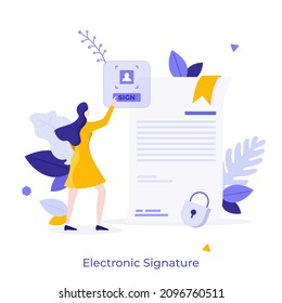 Woman signing document or agreement with electronic signature. Concept of e-signature for commerce, cryptographic authentication of signatory. Modern flat vector illustration for banner, poster.