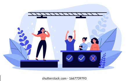 Woman signing at talent show flat vector illustration. Future celebrity singer standing on scene or stage in front of jury assessing her. Competition and television contest concept.