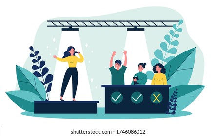 Woman signing at talent show flat vector illustration. Future celebrity singer standing on scene or stage in front of jury assessing her. Competition and television contest concept.