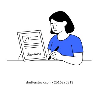 A woman signs a digital document on a tablet using a stylus. Flat, minimalist illustration in black and blue line-art style. Concept of electronic signature, legal tech, remote work, or digital paper