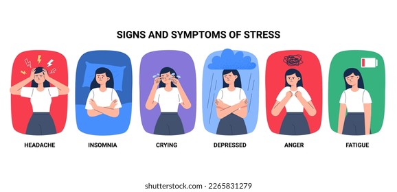 Woman with signs and symptoms of stress. Health problems through tension, fatigue, pain, and prolonged physical or mental work. Flat-style vector illustrations isolated on the background.