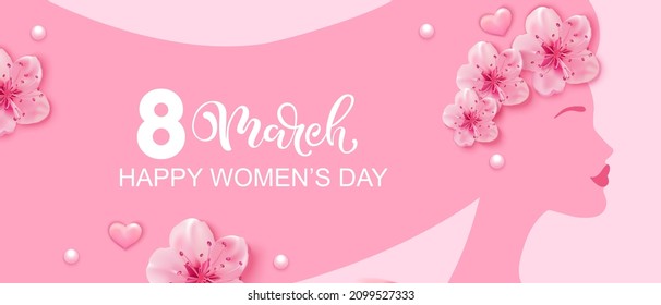 Woman sihouette with long hair, realistic spring flowers, pearls. 8 march greeting card. Women's day holiday composition in pink shades.