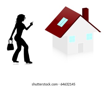 woman silhouette and 3d house