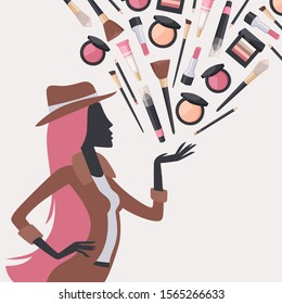 Woman silhouette with beauty cosmetics, vector illustration. Makeup catalog cover, face skin care accessories, cosmetology products. Fashion model presents cosmetic set for women, make-up beauty salon