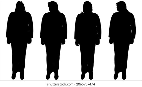 Woman silhouette in black isolated on white background. Four women stand in one line. Front view. A group of people looking in different directions, around. An office worker in a business trouser suit