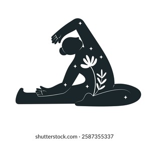 Woman silhouette with blooming inner flowers practice yoga, concept of harmony and self worth. Hand drawn vector illustration in flat design, isolated on white