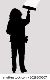 Woman silhouette cleaning window with squeegee, vector illustration
