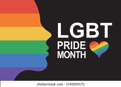 Woman silhouette colored in rainbow LGBT flag color. Girl silhouette and colorful heart and text pride month. Pride and LGBT concept. Copy space for design or text. Flat vector illustration