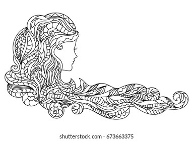 Woman Silhouette for Colouring, Coloring Page or Book, Long Hair, Uncolored Hand Drawn Vector Illustration EPS 10