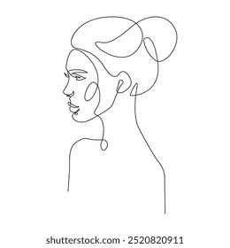 Woman Silhouette Continuous One Line Drawing. Fashion Female Portrait Minimalist Style. Woman Head Linear Drawing for Cosmetics. Continuous Line Art Fashion Minimal Print. Beauty Logo. Vector EPS 10