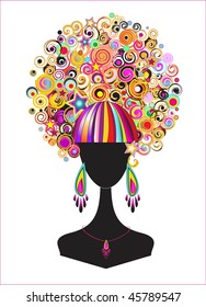 Woman silhouette with curly healthy colorful hair