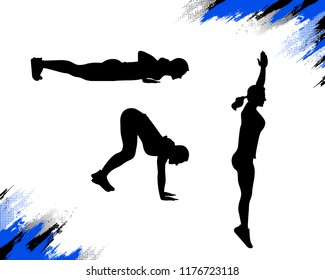 Woman silhouette doing burpee crossfit exercise. Coordination and stamina training, phisical conditioning. No equipment body weight weight loss exercise. Vector illustration isolated on white.