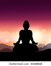 Woman Silhouette Doing Yoga Meditation.Vector Illustration