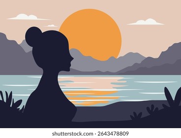 Woman silhouette enjoying beautiful sunset over lake. Flat design illustration depicting quiet nature. Recreation, outdoor activity concept.