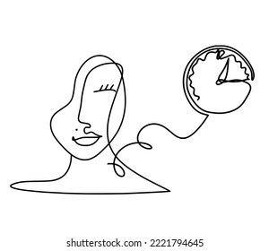 Woman silhouette face with clock as line drawing picture on white. Vector