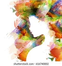 woman silhouette face. Digital art lady illustration. Watercolor technique and blue. female silhouette plus an abstract. long lush curly hair, concept of beauty