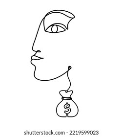 Woman silhouette face with dollar as line drawing picture on white. Vector