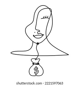 Woman silhouette face with dollar as line drawing picture on white. Vector