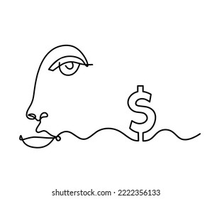 Woman silhouette face with dollar as line drawing picture on white. Vector