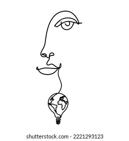 Woman silhouette face with globe light bulb as line drawing picture on white. Vector
