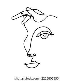 Woman silhouette face with hand as line drawing picture on white. Vector