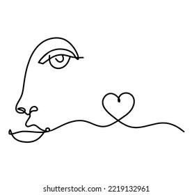 Woman silhouette face with heart as line drawing picture on white. Vector