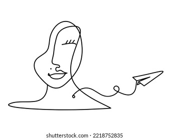 Woman silhouette face with paper plane as line drawing picture on white	. Vector