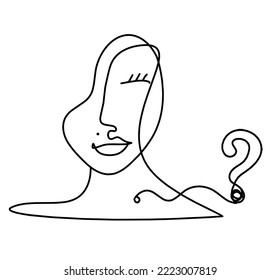 Woman silhouette face with question mark as line drawing picture on white. Vector