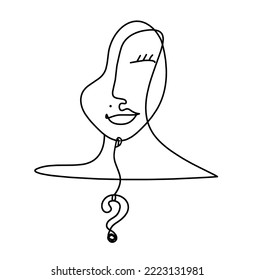 Woman silhouette face with question mark as line drawing picture on white. Vector