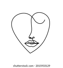 Woman silhouette face in shape heart as line drawing picture on white. Vector