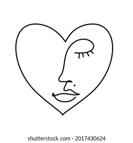 Woman silhouette face in shape heart as line drawing picture on white. Vector