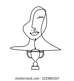 Woman silhouette face with trophy as line drawing picture on white. Vector