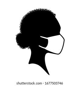 Woman silhouette face in white medical face mask. Concept of coronavirus quarantine.Silhouettes of African American. COVID-19, MERS-Cov, Novel coronavirus (2019-nCoV)