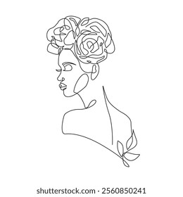 Woman Silhouette with Flowers Continuous Line Drawing. One Line Drawing of Female Floral Portrait. Single Line Botanical Vector Illustration Isolated on White Background. Not AI