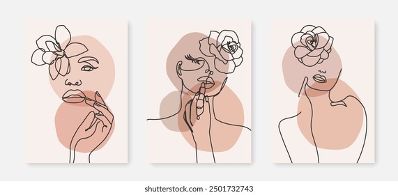 Silueta de la mujer con el sistema del dibujo del arte de la línea de las flores. Plantillas de estilo con silueta femenina Abstractas. Mujer con flores de moda Minimal Line Art Illustration. Cara femenina para la belleza, diseño de moda