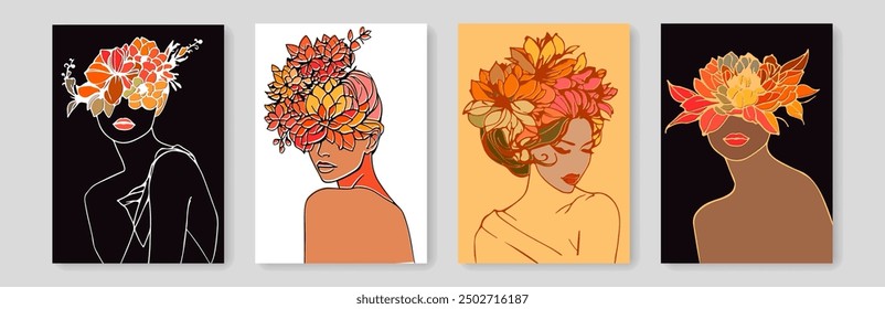 Silueta de la mujer con el sistema del dibujo del arte de la línea de las flores. Plantillas de estilo con silueta femenina Abstractas. Mujer con flores de moda Minimal Line Art Illustration. Cara femenina para la belleza, diseño de moda	