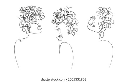 Silueta de la mujer con el sistema del dibujo del arte de la línea de las flores. Plantillas de estilo con silueta femenina Abstractas. Mujer con flores de moda Minimal Line Art Illustration. Cara femenina para la belleza, diseño de moda	